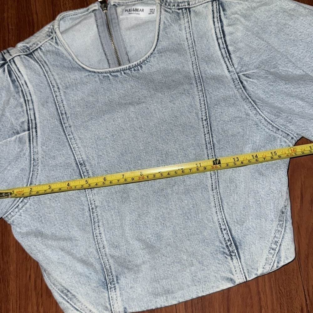 ASOS Pull And Bear Acid Wash 80's Style Puff Sleeve Cropped Denim Top size S - Picture 7 of 9